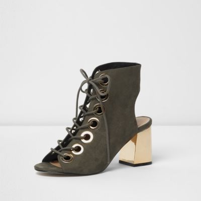 Khaki metallic heel lace up shoe boots